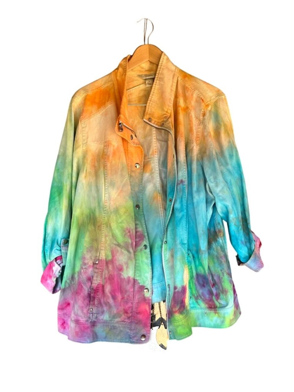 CJ Banks Womens Plus Size 3X Tie-Dye Denim Jacket Multicolor Boho Artsy Rainbow